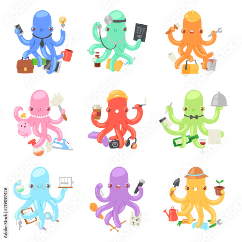 Octopus in business vector illustration octopi character of businessman constructor or housewife doing multiple tasks set of multitasking octopuses doctor and teacher isolated on white background