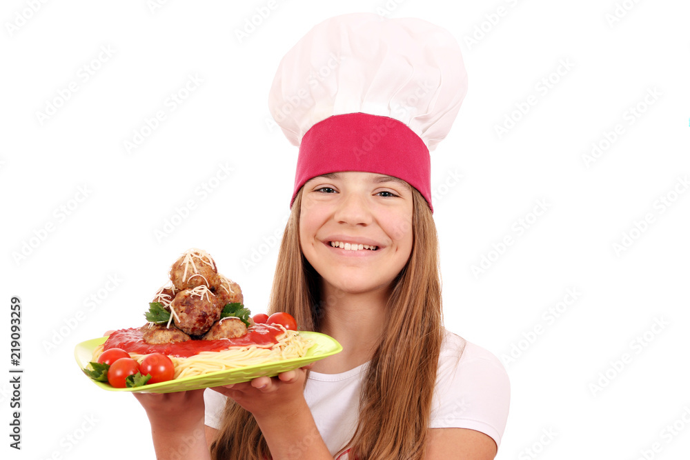 happy girl cook with spaghetti and meatballs happy girl cook with spaghetti and meatballs