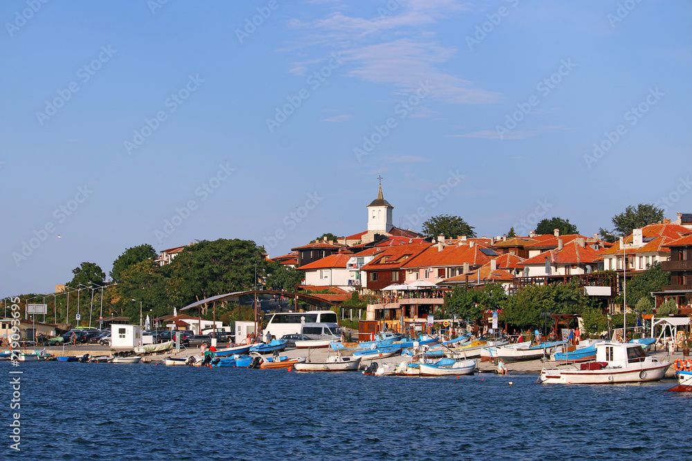 old town Nessebar port with boats Bulgaria