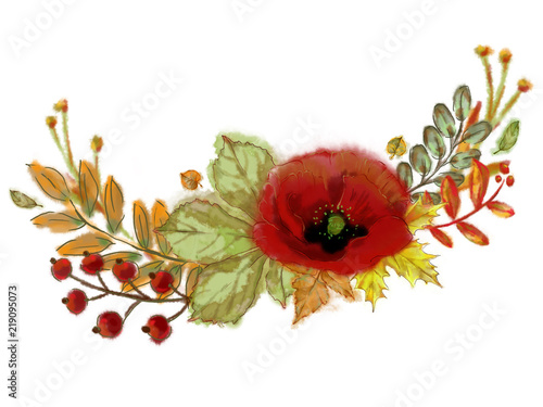 Autumn Leaves, Poppy Flower, Twigs, and Berries Vignette Isolated on White. Watercolor Botanical Arrangement for Print, Card, Invitation, Announcement, Poster, Display and other Creative Design.