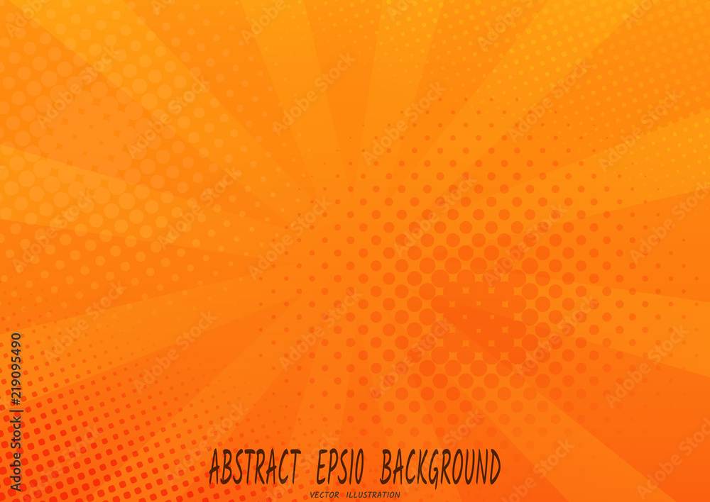 Abstract orange background with sun rays, and halftone spots. Vector