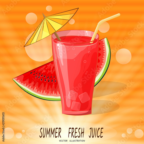 Glass with red juice with umbrella and watermelon in rays, on orange background, and horizontal streaks-spots, like interference on old TV. Summer Fresh Juice. Vector