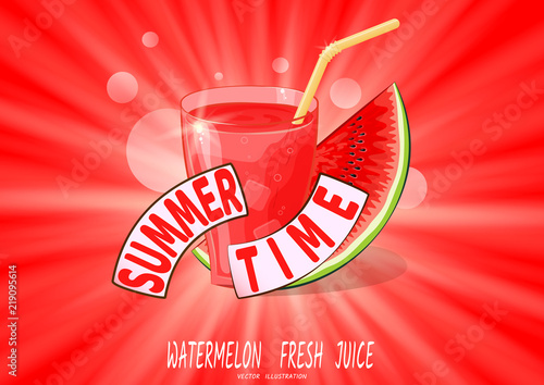 Glass with red juice and watermelon in rays, on red background. Summer Time. Vector