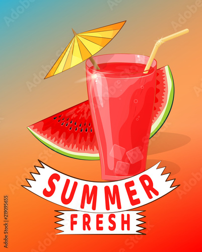 Glass with red juice with umbrella and watermelon, on orange gradient background. Summer Fresh Juice. Vector