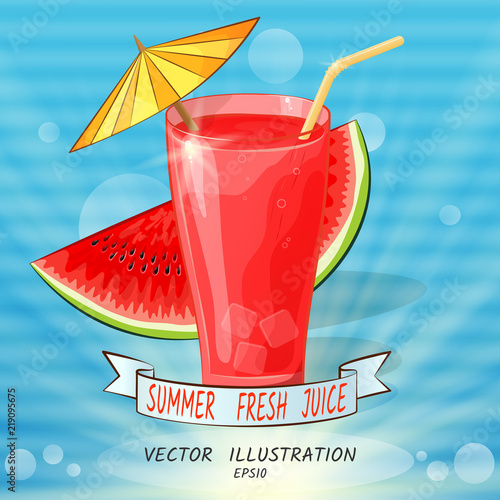 Glass with red juice with umbrella and watermelon in rays, on blue background, and horizontal streaks-spots, like interference on old TV. Summer Fresh Juice. Vector