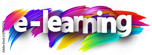 E-learning sign with colorful brush strokes.