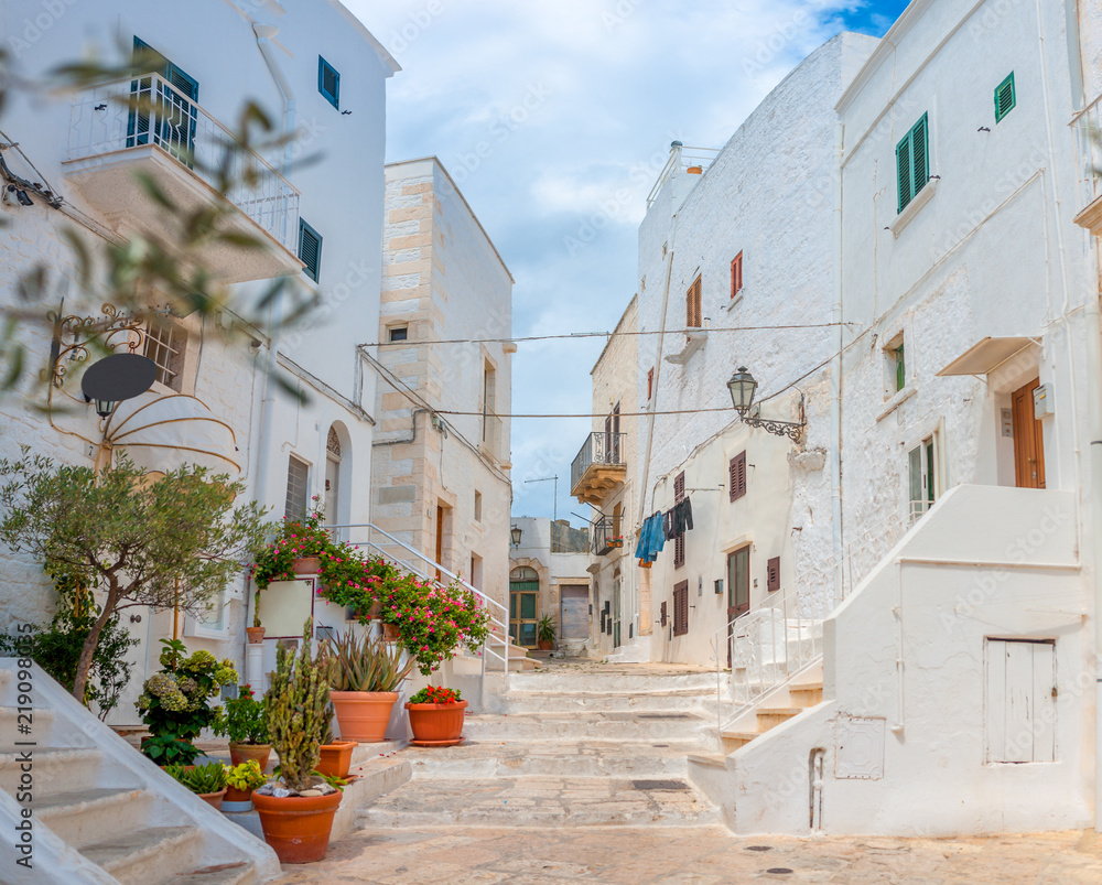 Panorama of the street in the medieval town of Ostuni. Italy. Europe