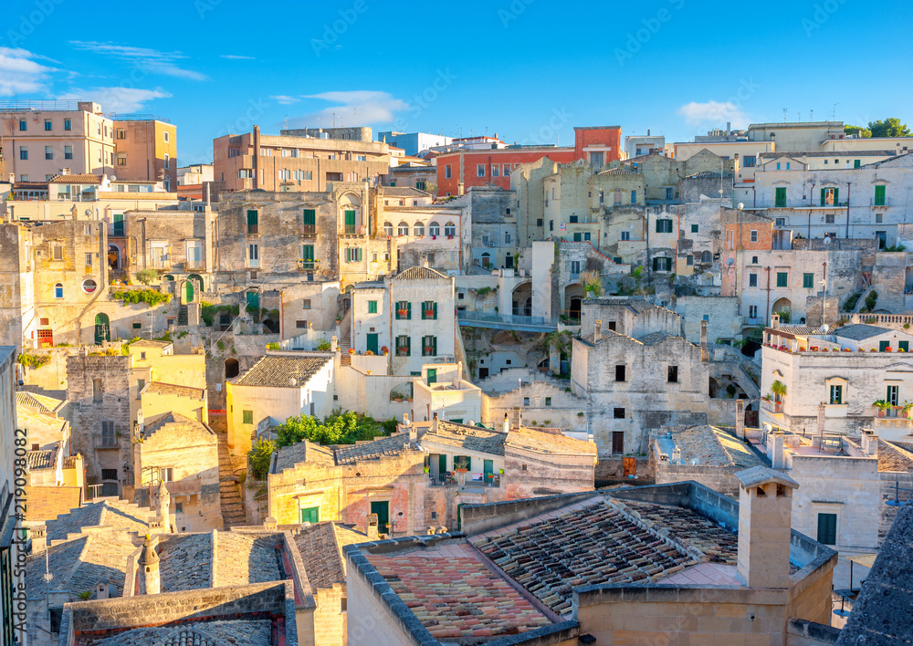 Panorama of a beautiful medieval city at sunset, Matera. Italy. Europe