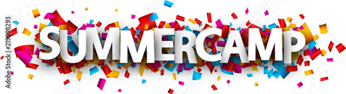 Summer camp banner with colorful confetti.
