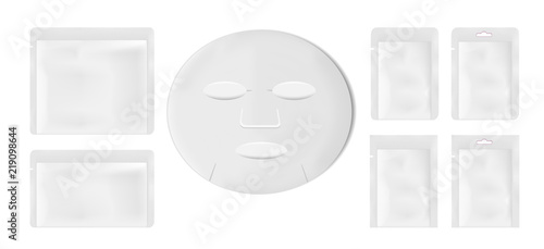 White empty plastic packaging with sheet mask. Blank foil or plastic sachet for food or medicines