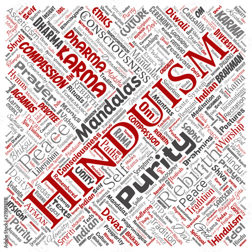 Vector conceptual hinduism, shiva, rama, yoga square red word cloud isolated background. Collage of mandalas, samsara, celebration, tradition, peace, compassion, rebirth, karma, dharma concept