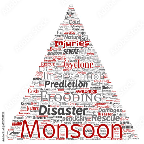 Vector conceptual monsoon dangerous weather triangle arrow meteorology word cloud isolated background. Collage of tropical dramatic storm force, strong wind blowing, rain hail thunderstorm concept