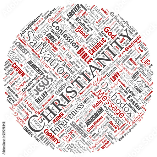 Vector conceptual christianity, jesus, bible, testament round circle red  word cloud isolated background. Collage of teachings, salvation resurrection, heaven, confession, forgiveness, love concept