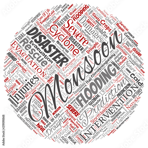 Vector conceptual monsoon dangerous weather round circle red meteorology word cloud isolated background. Collage of tropical dramatic storm force, strong wind blowing, rain hail thunderstorm concept