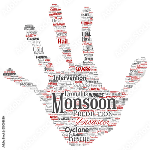 Vector conceptual monsoon dangerous weather hand print stamp meteorology word cloud isolated background. Collage of tropical dramatic storm force, strong wind blowing, rain hail thunderstorm concept