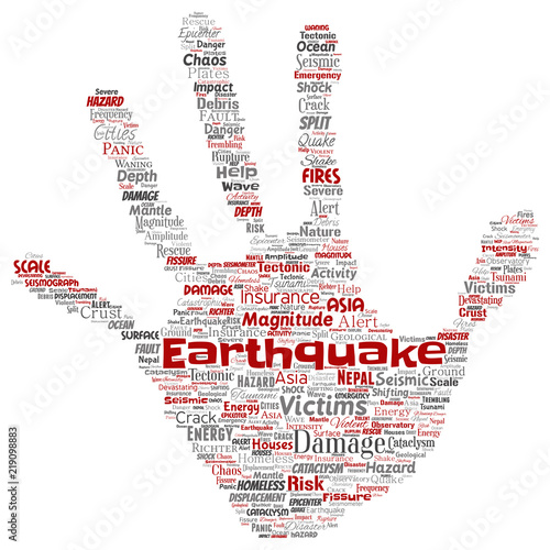 Vector conceptual earthquake activity hand print stamp word cloud isolated background. Collage of natural seismic tectonic crust tremble, violent tsunami waves risk, tectonic plates shifting concept