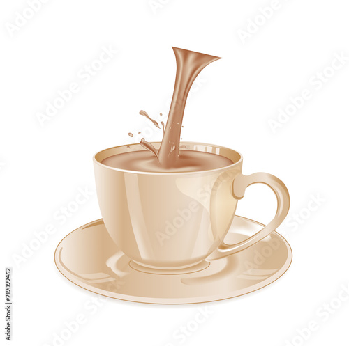 Brown glass coffee cup and saucer. Pouring coffee and milk