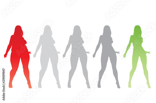 Vector conceptual fat overweight obese female vs slim fit healthy body after weight loss or diet with muscles thin young woman isolated. Fitness, nutrition or fatness obesity, health silhouette shape