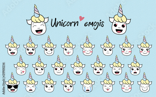 Unicorns cute emoticons set with different emotions. Flat cartoon character ideal for stockers, prints, decoration