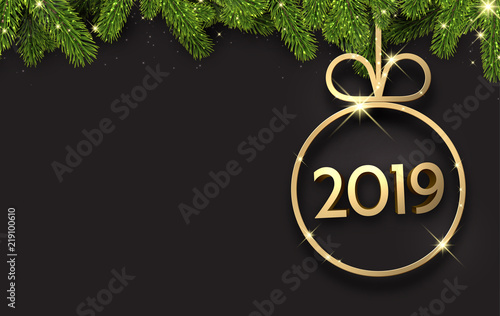 Black 2019 New Year background with Christmas ball and fir.