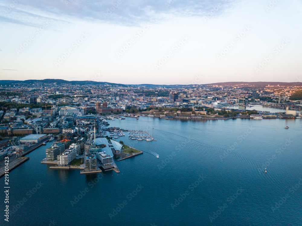 Evening aerial view on Aker Brygge and Filipstad in Oslo, Norway