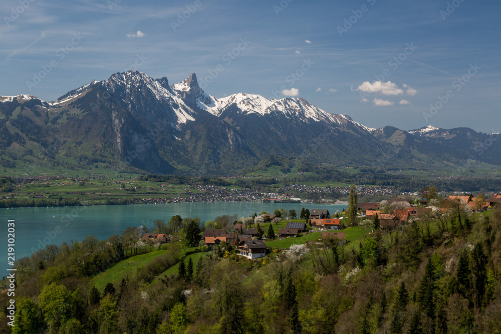 Switzerland - panoramic view from a hill down onto blue lake and the city of Thun with snowtopped mountain in the background.jpg