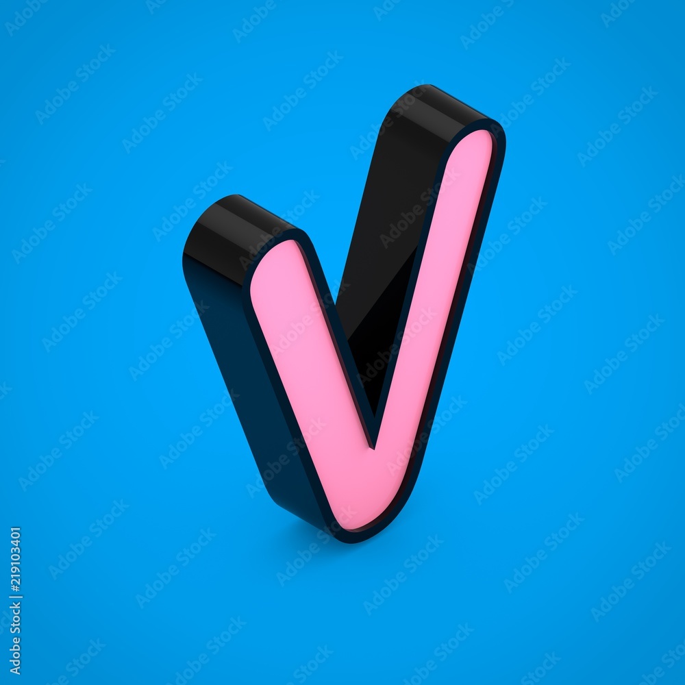 Black letter V uppercase with pink neon light isolated on blue background. Black letter V uppercase with pink neon light isolated on blue background.