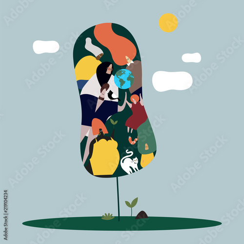 Global diverse women and nature concept illustration