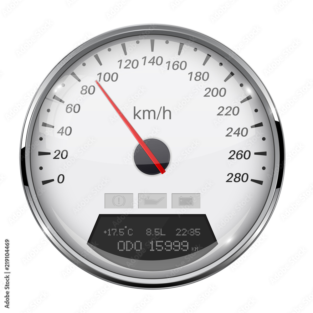 Speedometer. White speed gauge with metal frame. 90 km per hour Speedometer. White speed gauge with metal frame. 90 km per hour