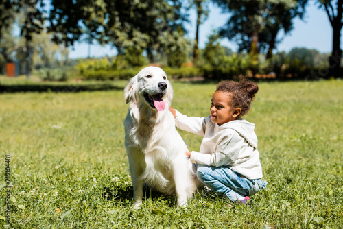 adorable african american kid palming dog in park