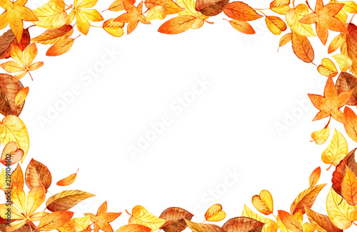 Autumn Leaves Fall horizontal Frame. Watercolor Illustration Isolated Leaf Border. Template for DIY projects, wedding invitations, greeting cards, logos, posters, blogs, website