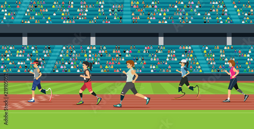 The race of disabled athletes has a grandstand as a backdrop.