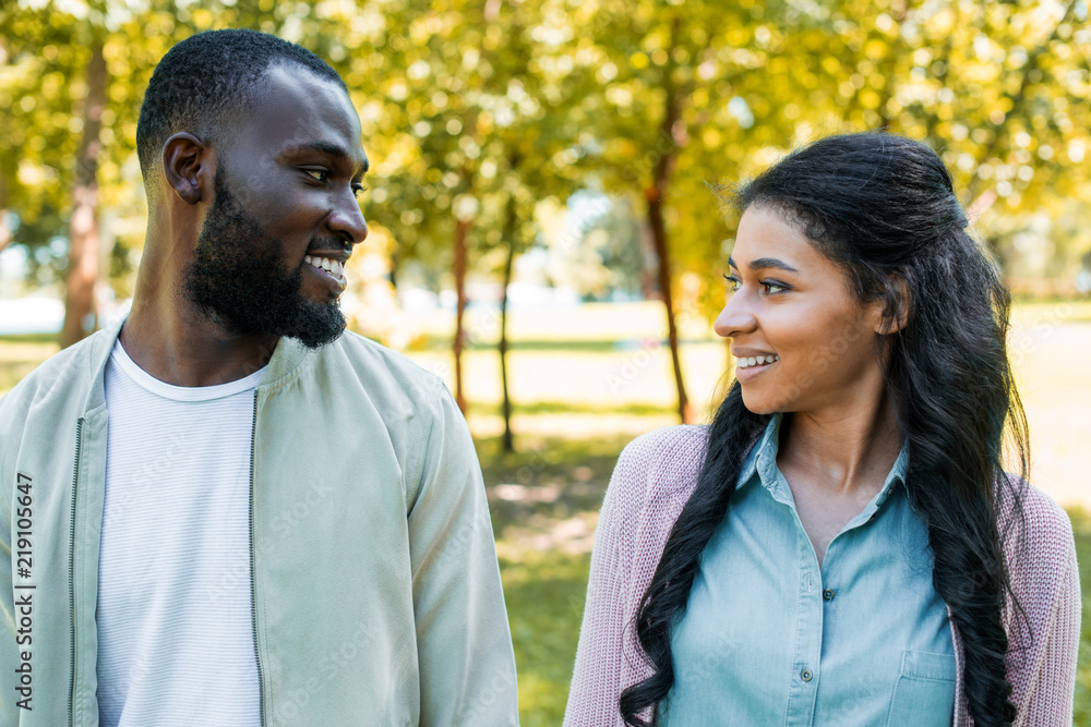 smiling african american couple looking at each other in park smiling african american couple looking at each other in park