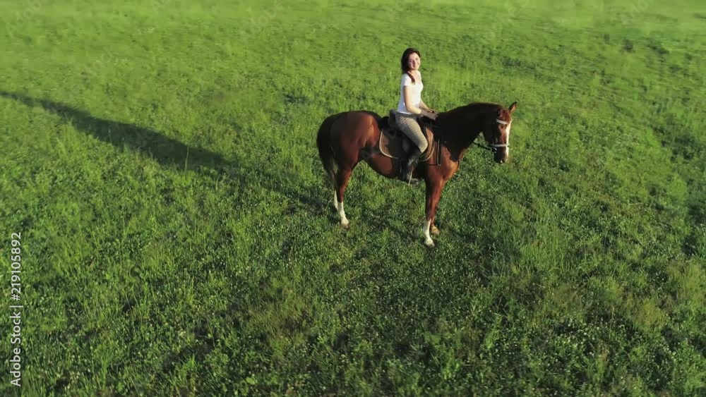 A smiling young woman sits and rides a brown horse, orbital shot, slow motion A smiling young woman sits and rides a brown horse, orbital shot, slow motion