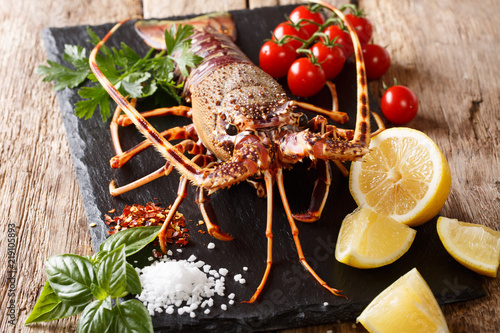 Delicious raw food: spiny lobster with tomato, lemon and herb, salt close-up. Horizontal