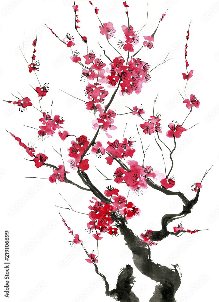 Naklejka premium A branch of a blossoming tree. Pink and red stylized flowers of plum mei, wild apricots and sakura . Watercolor and ink illustration in style sumi-e, u-sin. Oriental traditional painting.