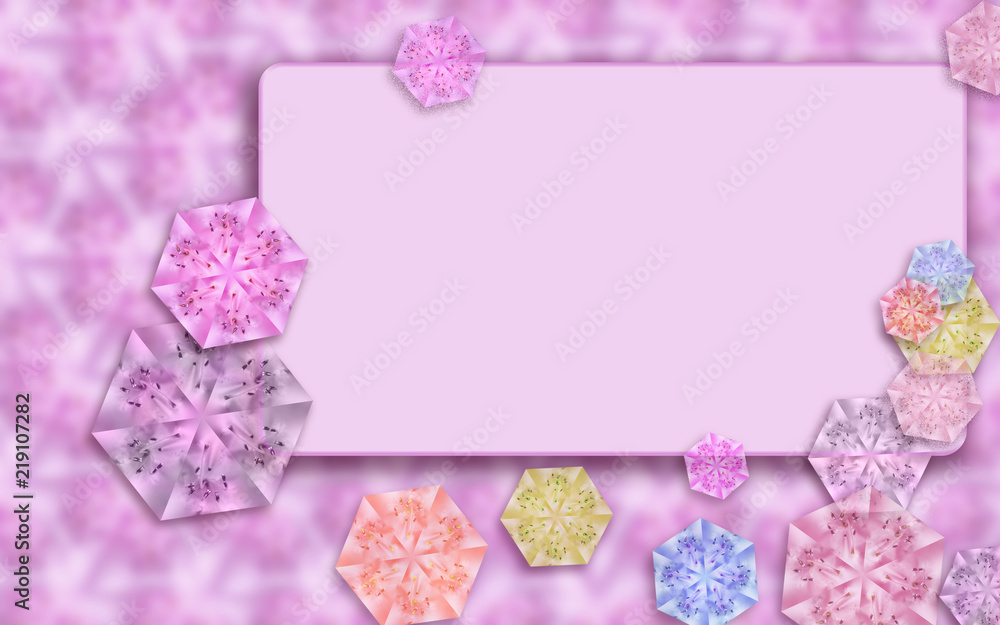 Pastel pink greeting card with rectangular text place. Decorated with creative floral hexagons of different colors. Template for invitations, greeting cards, postcards, scrapbooking, flyers, web pages Pastel pink greeting card with rectangular text place. Decorated with creative floral hexagons of different colors. Template for invitations, greeting cards, postcards, scrapbooking, flyers, web pages