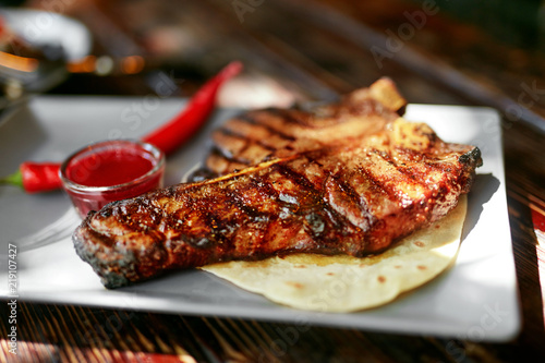 Meat Steak With Chilli Pepper Sauce Closeup