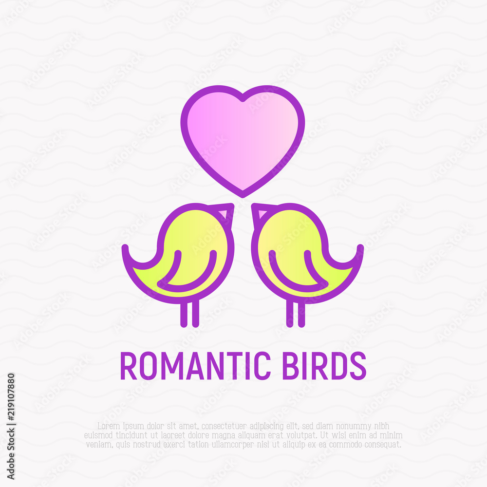 Fototapeta premium Romantic birds thin line icon: two sparrows with heart, symbol of love. Modern vector illustration.