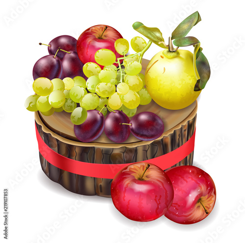 Grapes, apples and plums Vector realistic. Autumn fall harvests