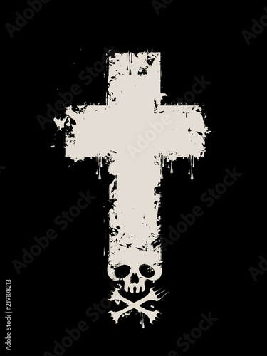 Vector illustration with grave cross with a skull and crossbones with the spray droplets on black background. Can be used for t-shirt design