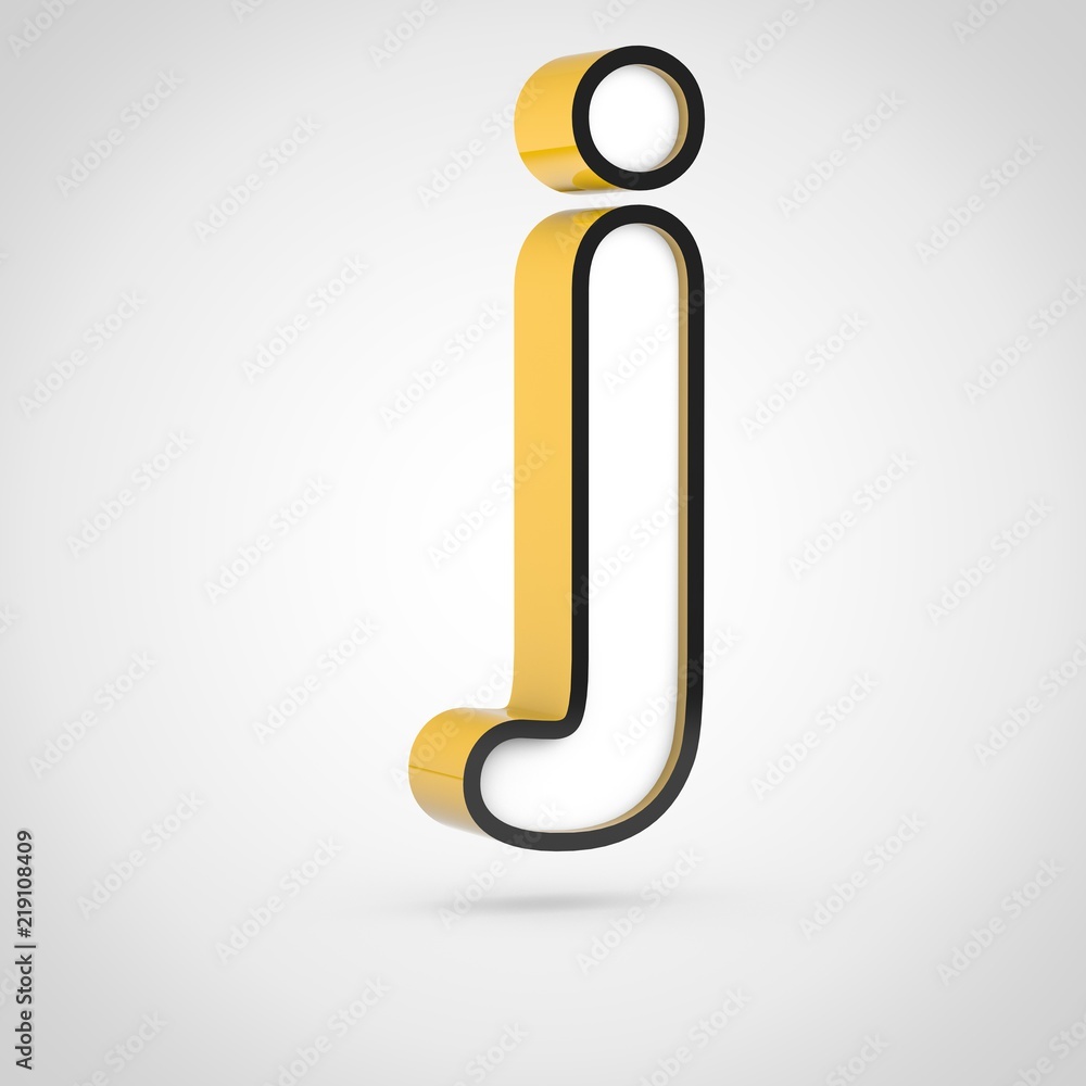 Golden letter J lowercase with white face and black outline isolated on white background. Golden letter J lowercase with white face and black outline isolated on white background.