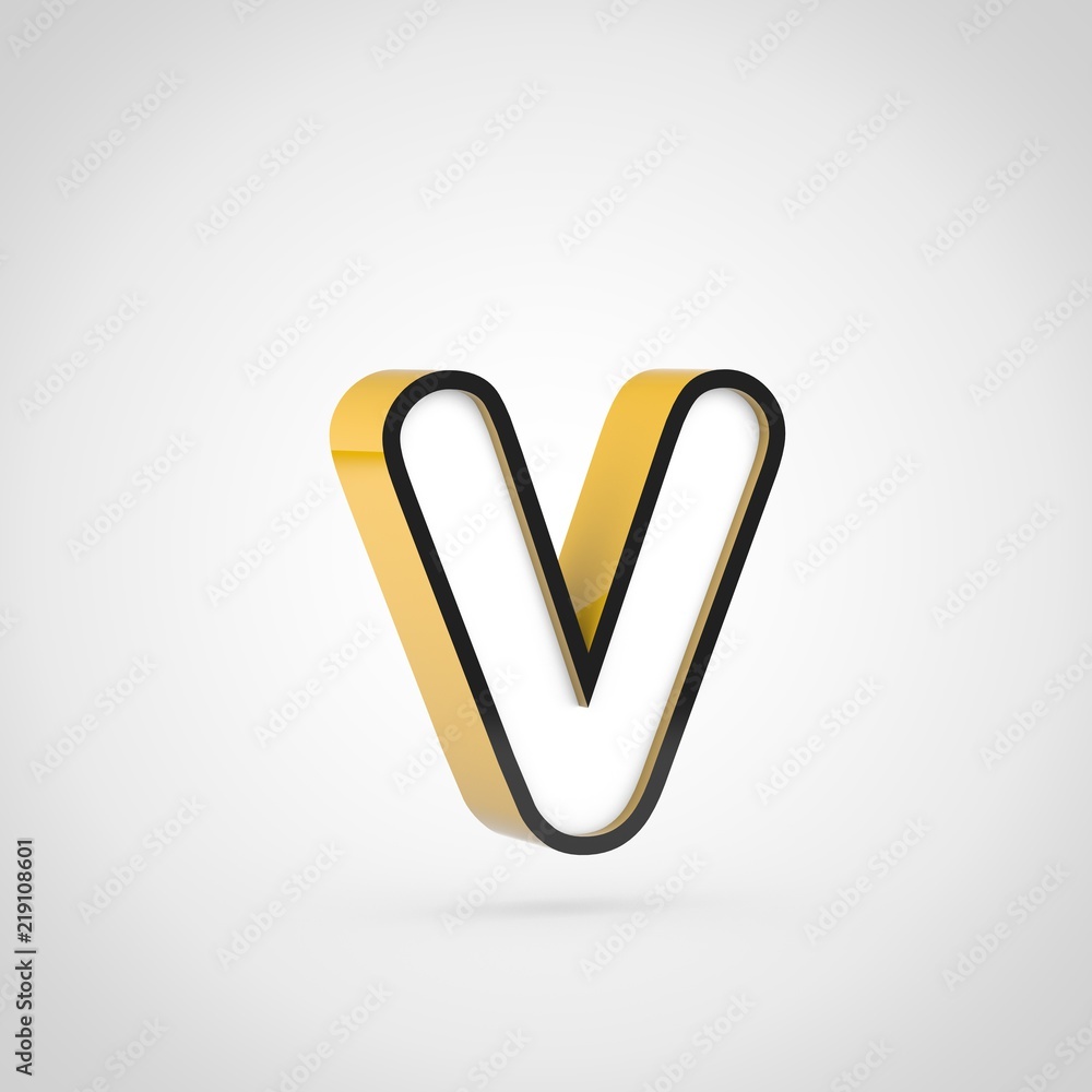 Golden letter V lowercase with white face and black outline isolated on white background. Golden letter V lowercase with white face and black outline isolated on white background.