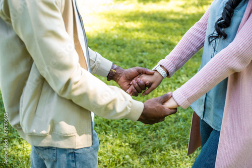 cropped image of african american couple holding hands in park