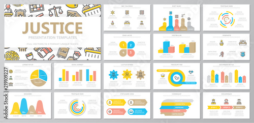 Set of crime, law, police and justice elements for multipurpose presentation template slides with graphs and charts. Leaflet, corporate report, marketing, advertising, book cover design.