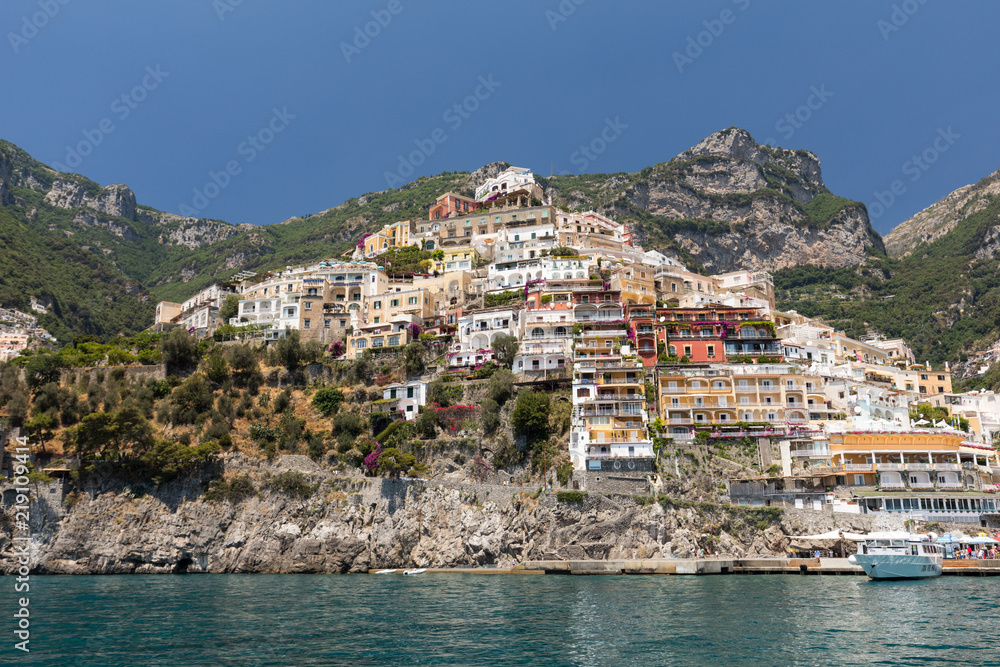 Positano, Italy - June 13, 2017: Positano seen from the sea on Amalfi Coast in the region Campania, Italy