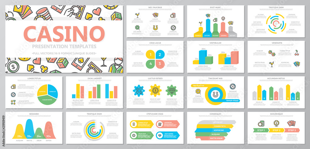 Set of gambling and casino elements for multipurpose presentation template slides with graphs and charts. Leaflet, corporate report, marketing, advertising, book cover design. Set of gambling and casino elements for multipurpose presentation template slides with graphs and charts. Leaflet, corporate report, marketing, advertising, book cover design.