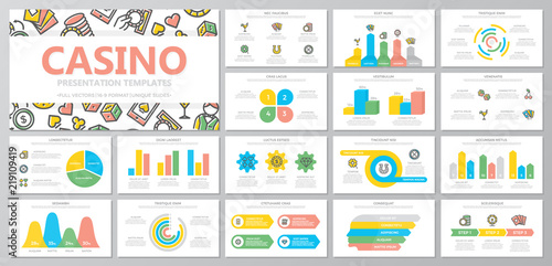 Set of gambling and casino elements for multipurpose presentation template slides with graphs and charts. Leaflet, corporate report, marketing, advertising, book cover design.