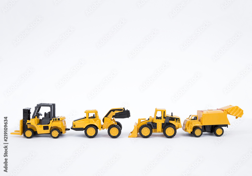 Truck toy collections isolate on white background, industrial and construction truck Truck toy collections isolate on white background, industrial and construction truck