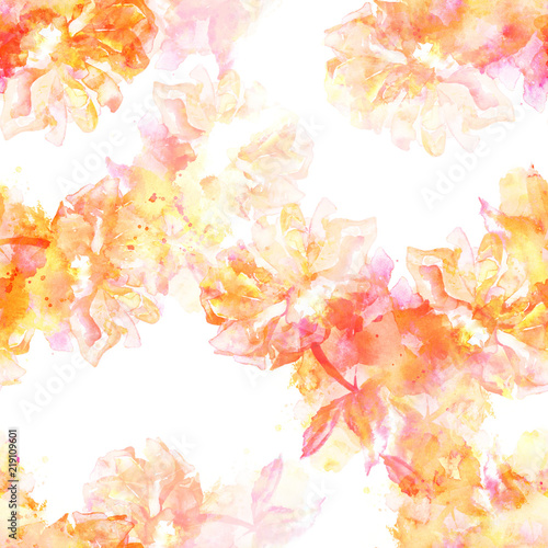 Seamless pattern with abstract watercolor roses with splashes of paint, pink toned on white background